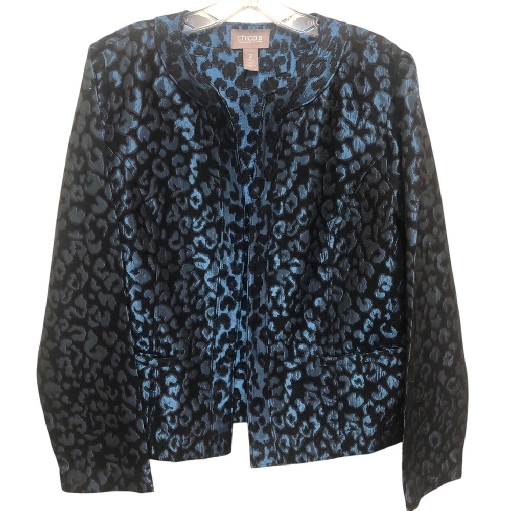 Chico’s Jacket Women’s‎ Medium Open Front Dressy Brocade Iridescent Royal Blue